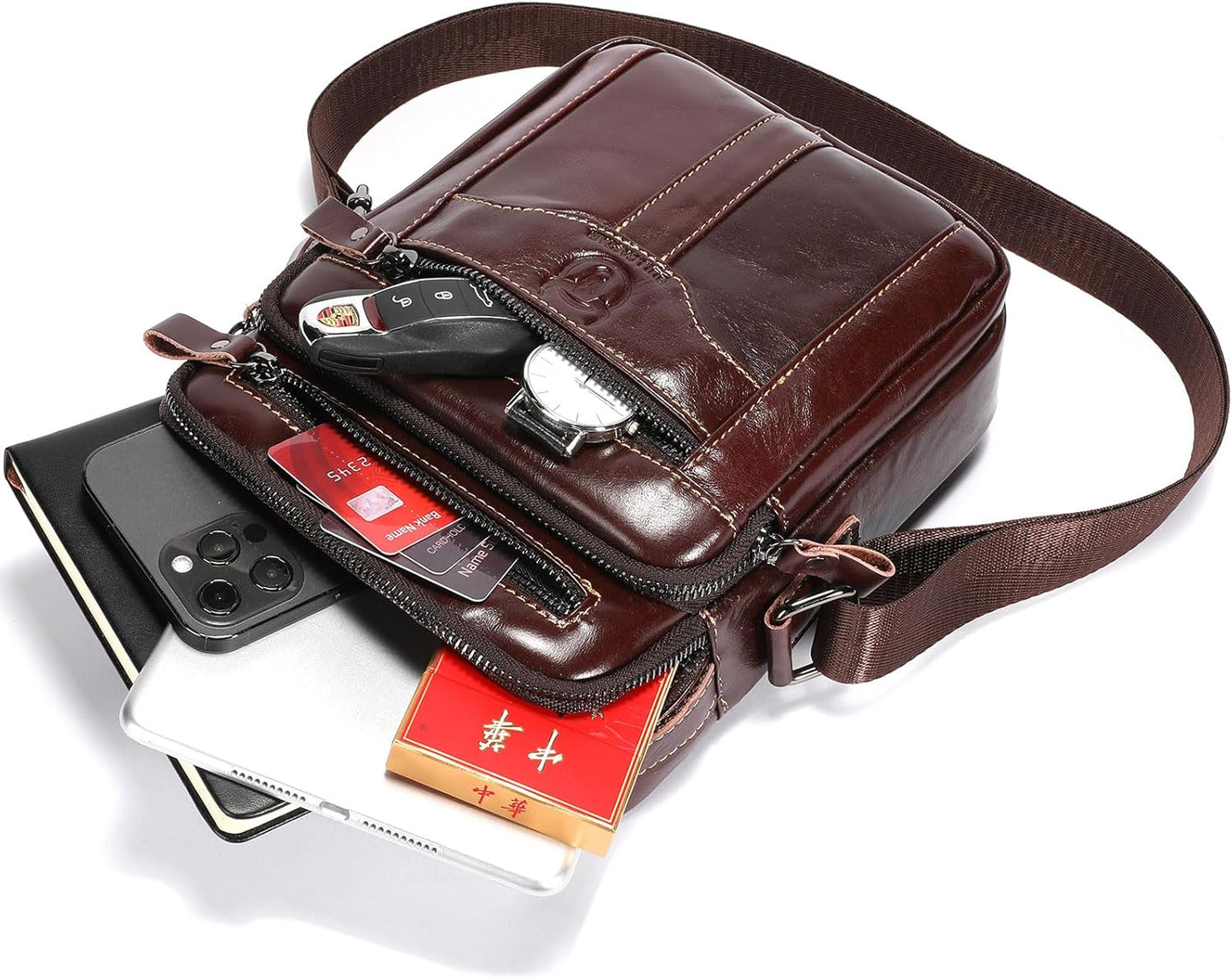 Leather Crossbody Bags for Men Casual Shoulder Bag Travel Messenger Bag Vintage Handbag Multi Pocket Satchel