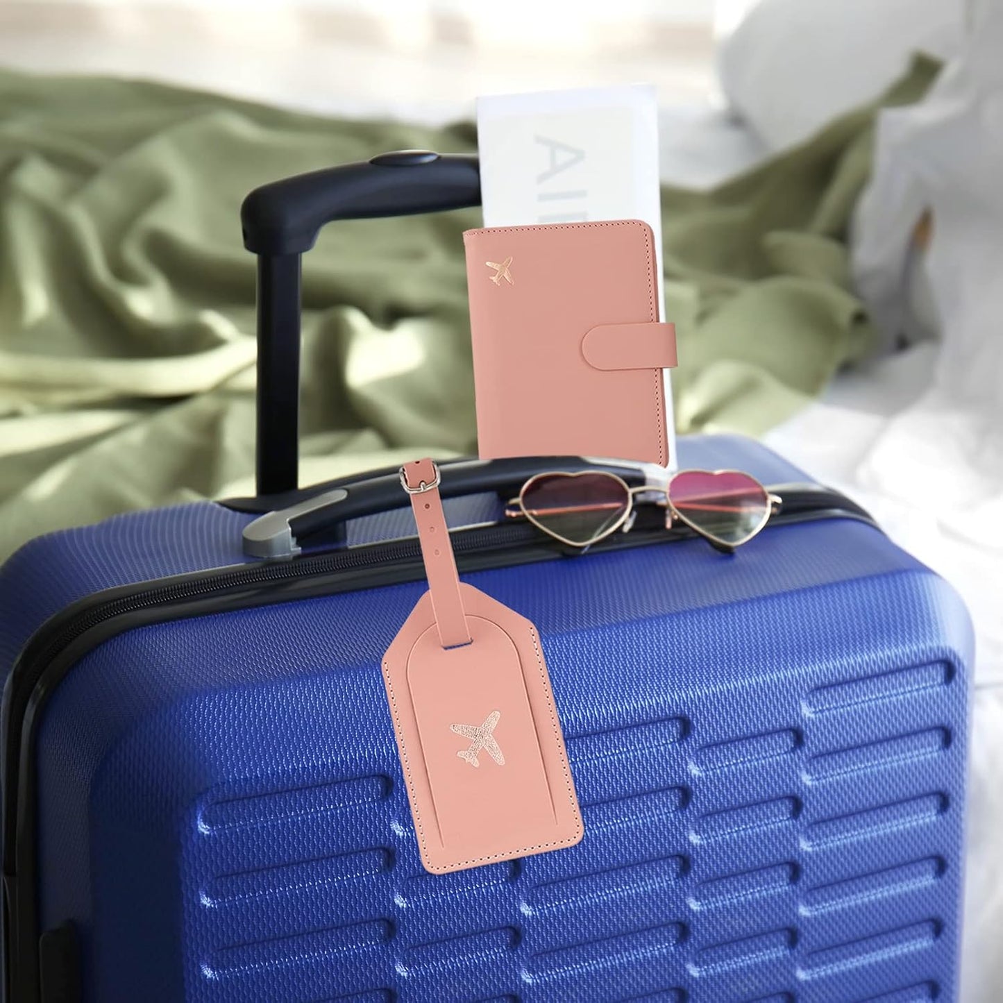 Real Leather Wallet RFID Passport Holder with Suitcase Tag Set Card Slots (Pink)