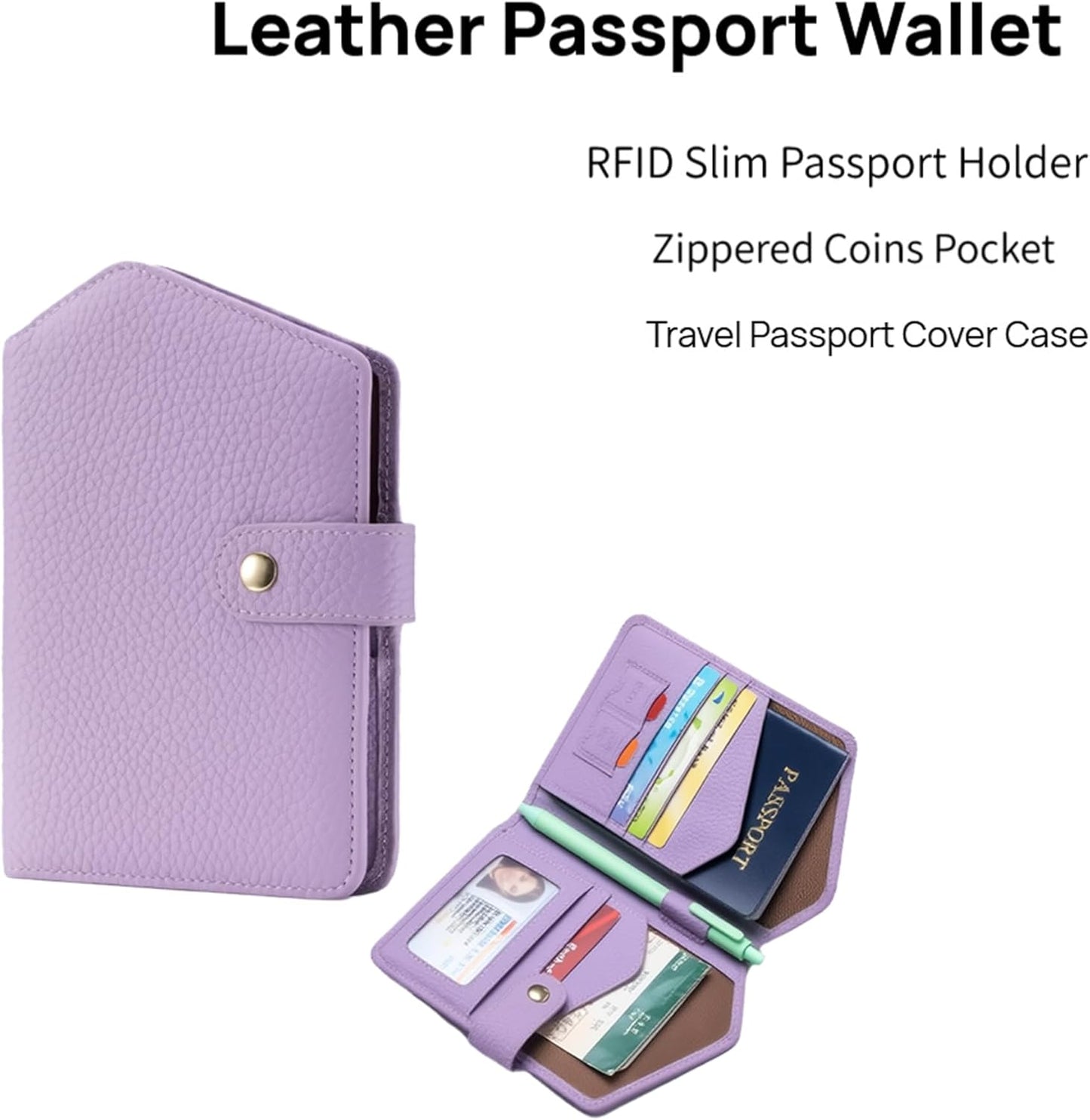 Cute RFID Passport Wallet for Women Leather Slim Passport Holder Travel Wallet Cover with Zipper Coin Purse, Credit Card, Sim and Tticket Slots (Purple)