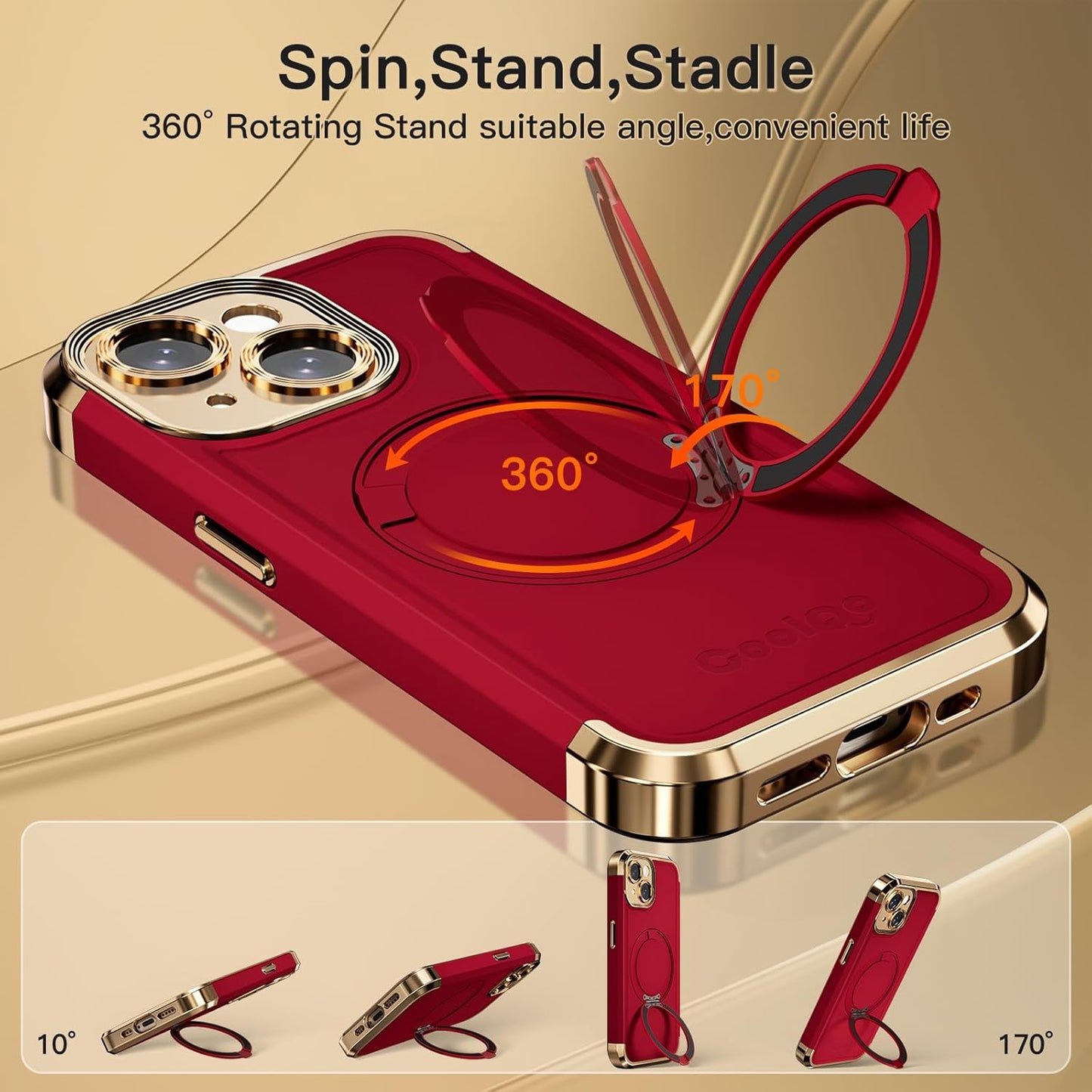 COOLQO for iPhone 15 Case 6.1'' Upgraded 360° Spin Magnetic Stand [Compatible with Magsafe][Military Protection] Plating Matte Scratch-Resistant Back Protective Shockproof Phone Case, Red Gold