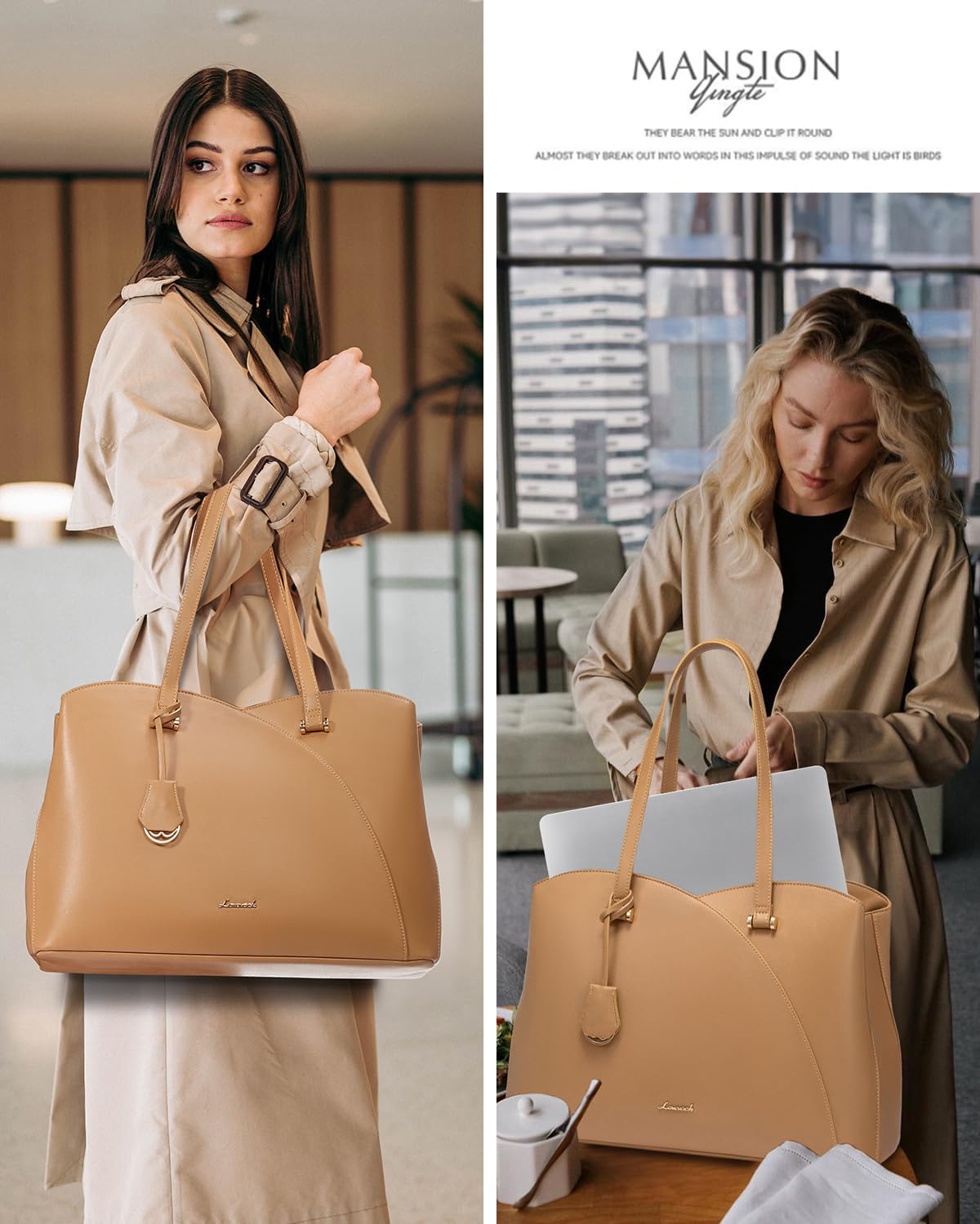 LOVEVOOK Laptop Tote Bag for Women 17.3 Inch, Teacher Work Tote Bags Laptop Bag, Leather Computer Bag Large Purses Handbag Professional Briefcase, Camel