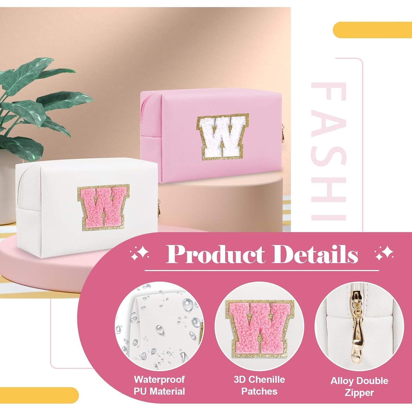 Personalized Makeup Bag Initial A-Z Preppy Patch Bag,Small PU Leather Travel Cosmetic Bag Pouch with Zipper,White Cute Toiletry Bag,Gift Ideal for Teen Girls Women Birthday Friend Mom,Letter W