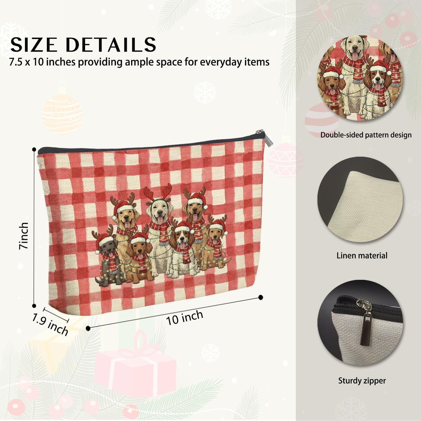 Vintage Christmas Dog Makeup Bag Gifts for Women, Christmas Santa Reindeer Golden Retriever Lover Cosmetic Bag, Red Plaid Xmas Dog Holiday Zipper Makeup Pouch Travel Toiletry Bags