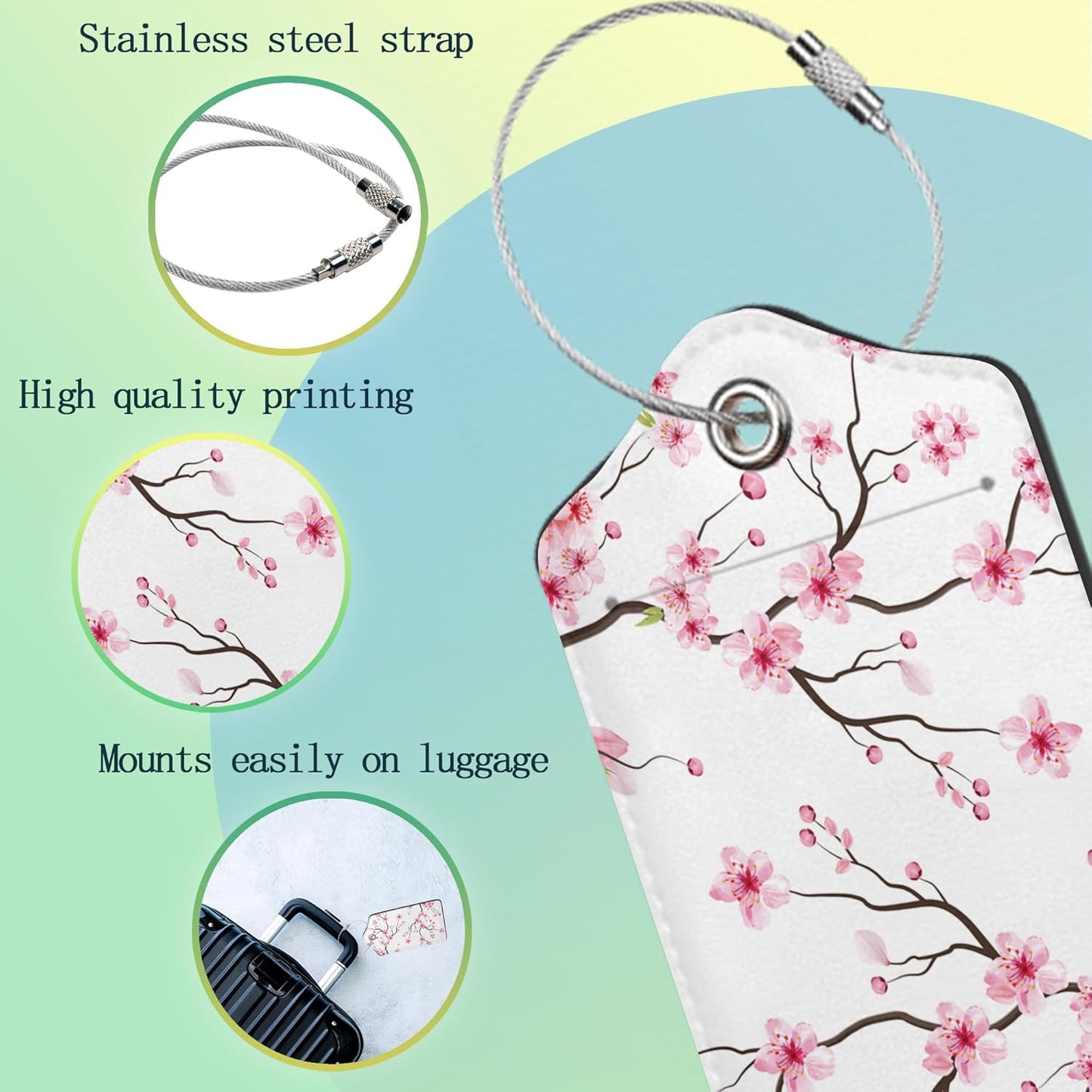 Luggage Tags for Suitcase,2 Pack Japanese Cherry Blossom Tree Luggage Tag PU Leather Privacy Cover