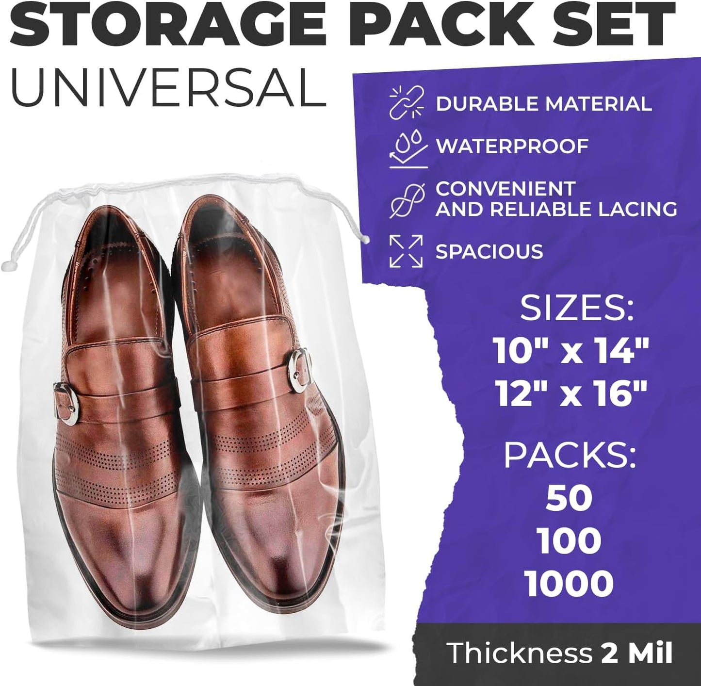 Clear Drawstring Travel Bag for Shoes. Waterproof Dust Bags for Shoes with Double Cotton Drawstrings. 2 mil PE Plastic Drawstring Bags for Packing, Storage