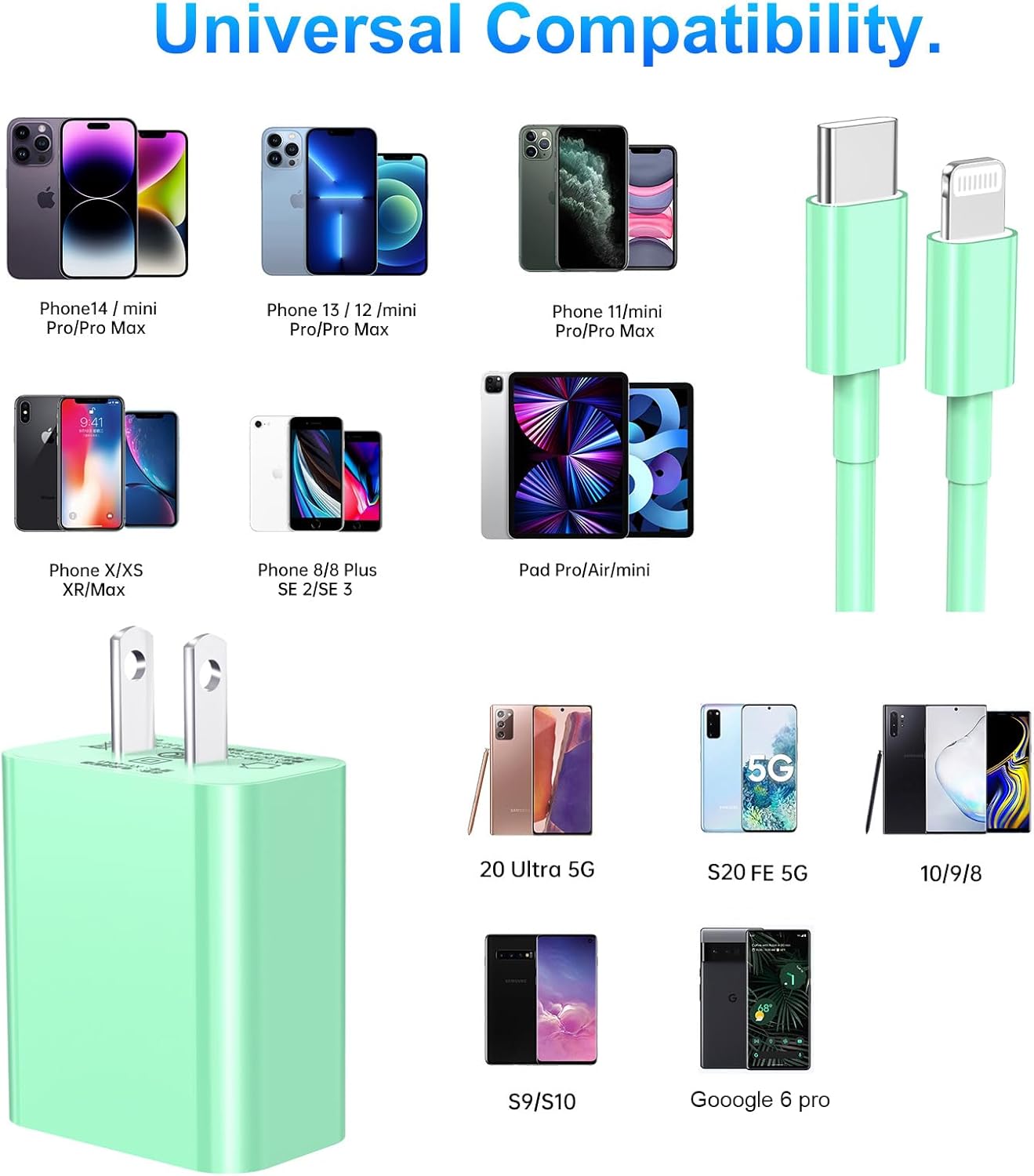 Dayaoncy 3 Pack Green 10ft USB C to Lightning Fast Charging Compatible with iPhone 14/13/12/12 Pro Max/11 Green