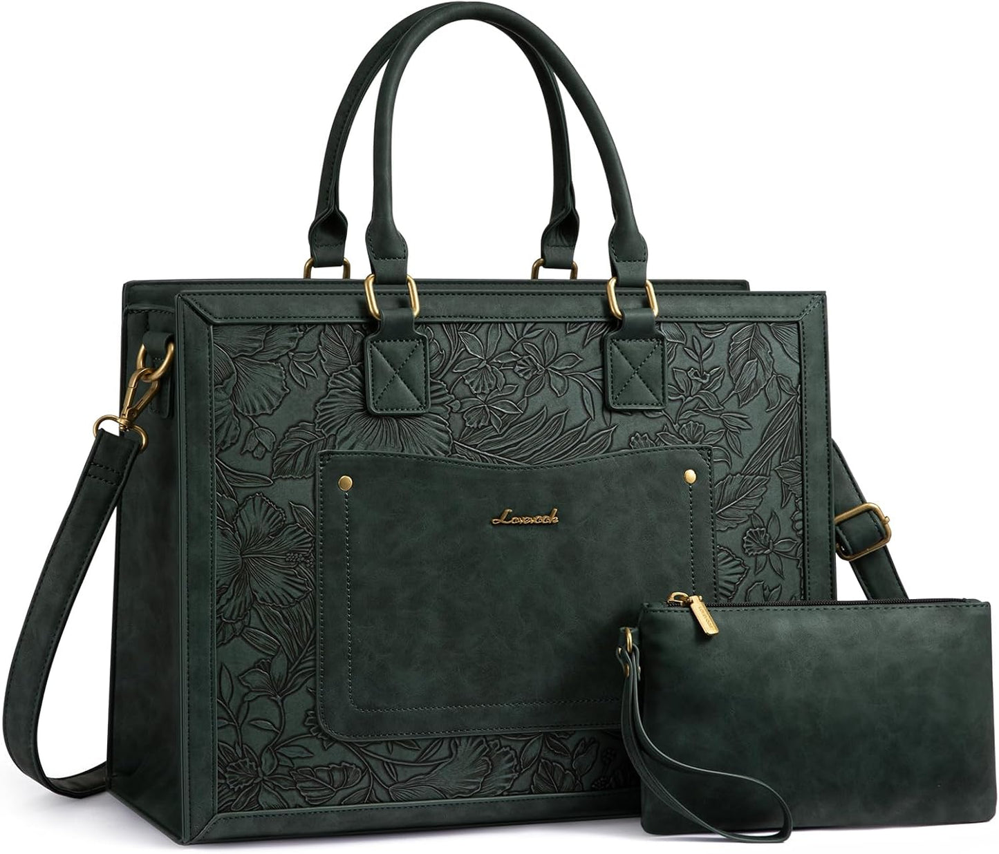 LOVEVOOK Laptop Tote Bag for Women, 15.6 Inch Work Bags, Vintage Leather Tote Bag, Waterproof Computer Bags with Clutch Purse, Large Capacity Messenger Bag for Teacher College Business Office
