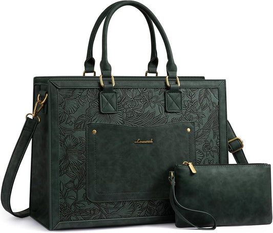 LOVEVOOK Laptop Tote Bag for Women, 15.6 Inch Work Bags, Vintage Leather Tote Bag, Waterproof Computer Bags with Clutch Purse, Large Capacity Messenger Bag for Teacher College Business Office