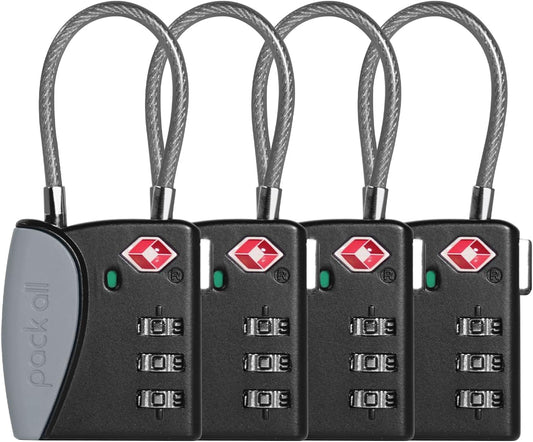 pack all TSA Approved Cable Luggage Locks, 3 Digit Combination Padlocks, Travel Lock for Suitcases & Bag, Alloy Body, Travel Accessories (4 Pack)（Grey）