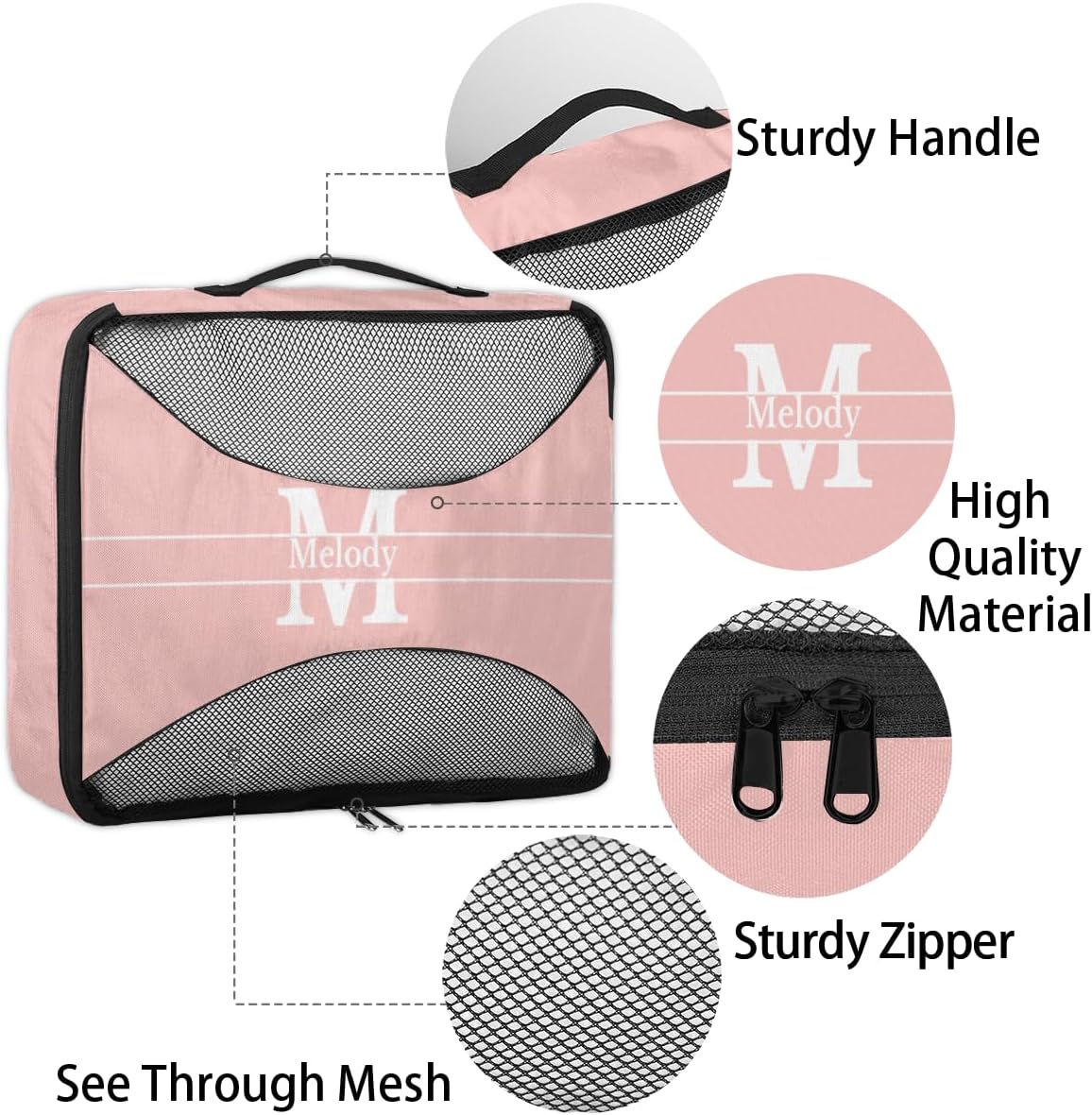 Custom Packing Cubes with Name, 4Pcs/Set Travel Luggage Packing Organizers Set for Women, Pale Pink Background with Initial Letter