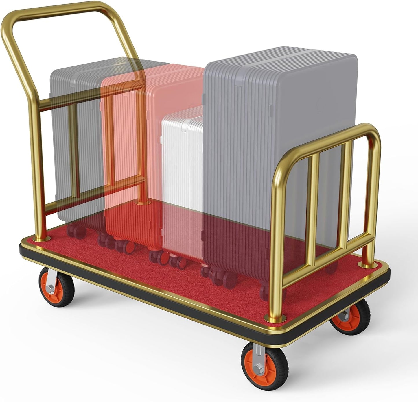 Gold Hotel Luggage Cart,42"x24" Bellman Cart with Baffle Guardrail and 6In Caster Weight Capacity Up to 850LBS Provide Convenience to Guest Gold Finished Hotel Cart Add Elegance to Hotel&Resort