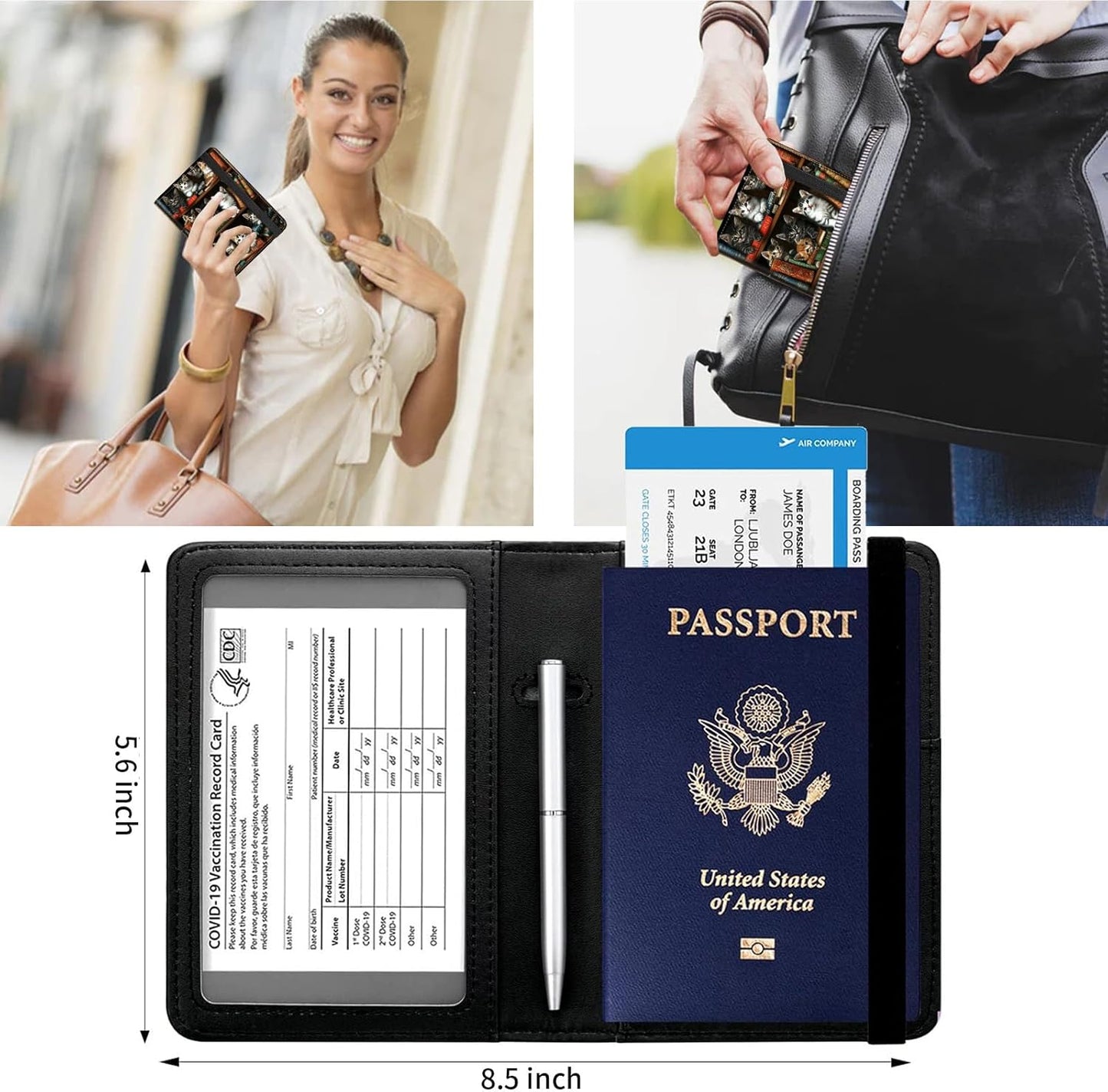 Passport and Vaccine Card Holder Cover Combo,Travel Passport Holder Wallet with RFID Blocking, Leather Vaccine Card Slot Passport Cover Case for Women & Men,Vintage Bookshelf and Cats