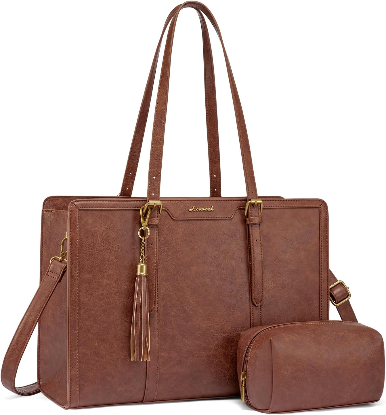 LOVEVOOK Laptop Bag for Women Vintage Leather Laptop Tote 17.3 inch Large Capacity Computer bag with Clutch Purse for Work