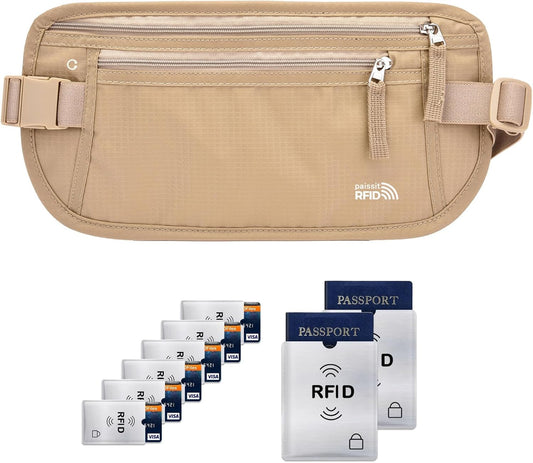 Unisex Money Belt with RFID Blocking Sleeves, Slim Passport Holder RFID Blocking Travel Essentials, Waist Pouch to Protect Cash, Beige & 6 Sleeves