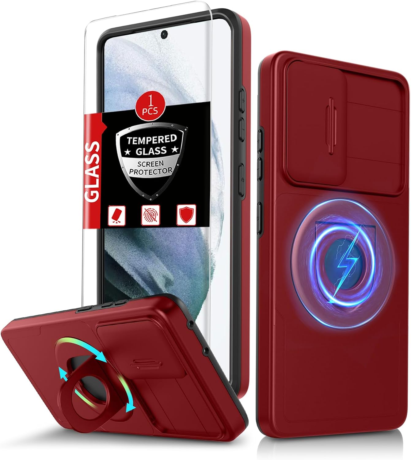 for Samsung Galaxy S21 Plus Case Magnetic Compatible with MagSafe Wireless Charging,with Screen Protector,for S21+Plus Case with Stand Ring+Camera Cover Shockproof Heavy Duty Protection Red