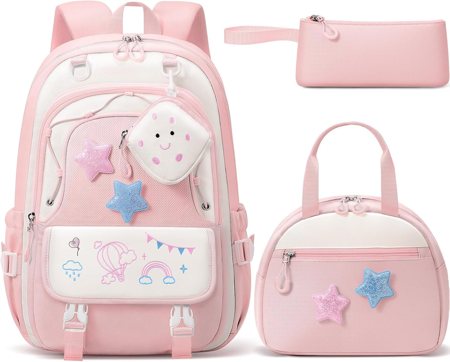 Fimibuke Kids Backpack for Girls, 4 PCS Waterproof Teen Girls Backpack with Lunch Box, Pencil Case & Headphone Bag Set, Cute Kids Bookbag Travel School Bag for Elementary Middle High School Student