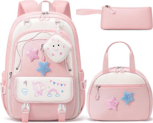 Fimibuke Kids Backpack for Girls, 4 PCS Waterproof Teen Girls Backpack with Lunch Box, Pencil Case & Headphone Bag Set, Cute Kids Bookbag Travel School Bag for Elementary Middle High School Student