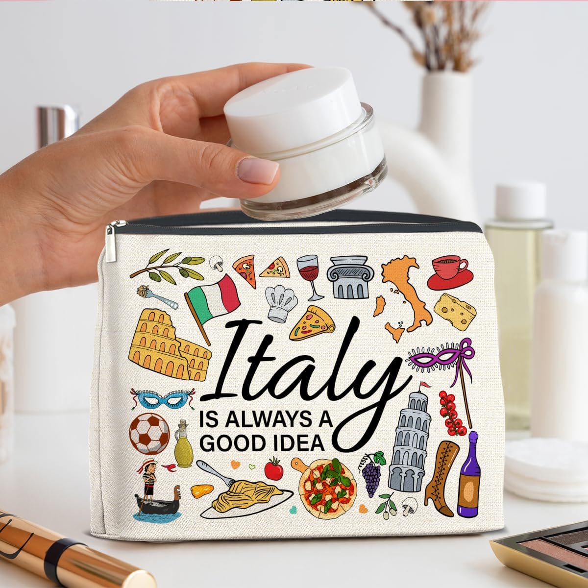 Italy Travel Cosmetic Bag, Multicolor, Waterproof, Zipper Closure, Double-Sided Printing, Rectangular, 9.6"L x 6.7"H, Perfect for Travel and Daily Use