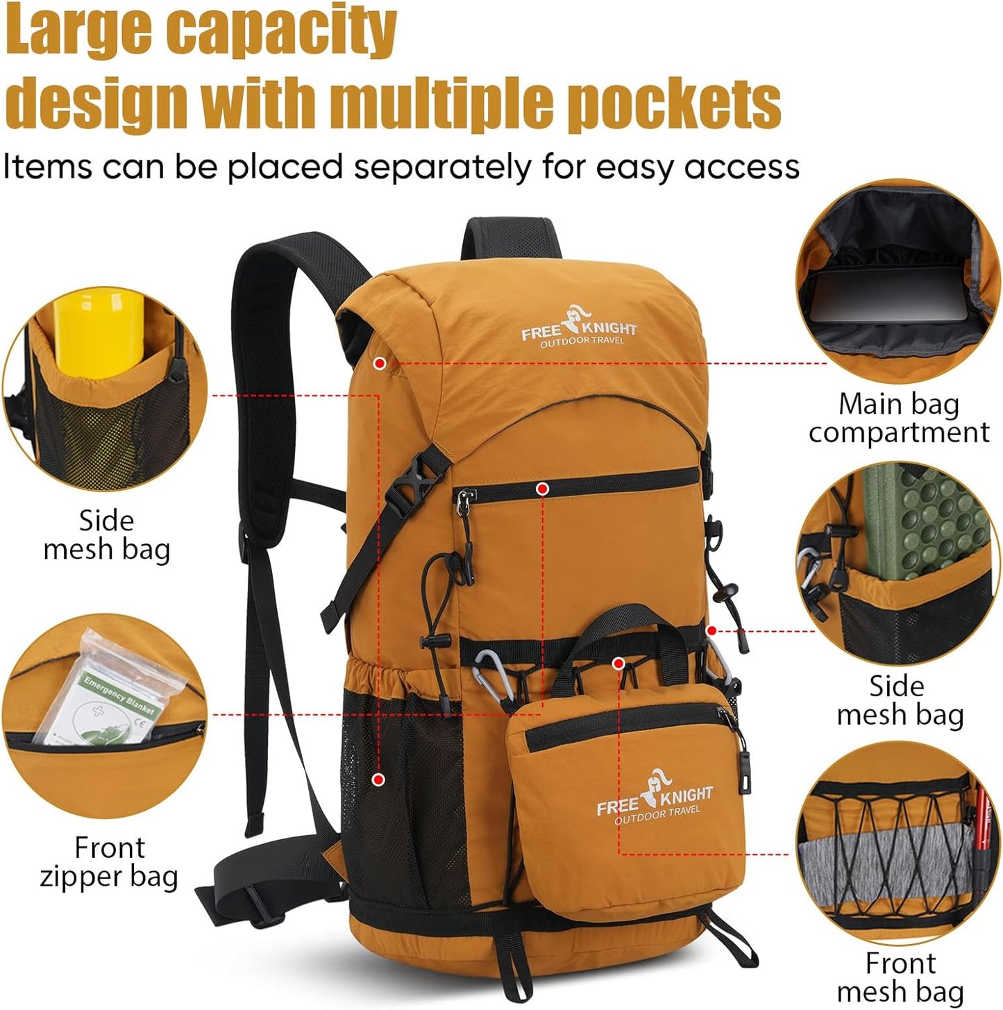 Bseash 30L Lightweight Hiking Backpack, Outdoor Sport Waterproof Travel Bag Daypack for Cycling Climbing Skiing (Yellow)
