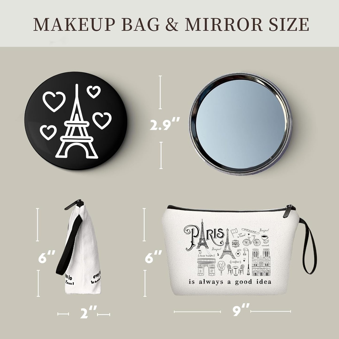 SEAMOON Paris France Travel Trip Funny Gifts for Lover Travelers Friends Female Sisters Women Girls Daughter Cosmetic Makeup Bag with Mirror