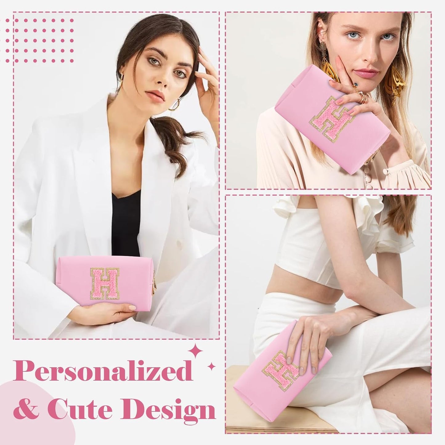 Personalized Initial A-Z Preppy Patch Makeup Bag,Small PU Leather Chenille Letter Cosmetic Bag with Zipper for Teen Girls,Pink Cute Travel Toiletry Bag,Birthday Monogrammed Gift for Daughter,Letter H