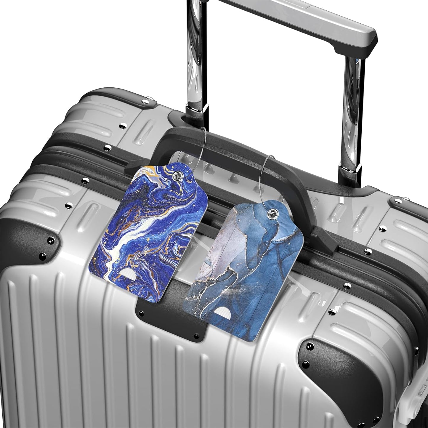 2 Pack PU Leather Luggage Tags for Suitcase, Travel Cruise Luggage Tag with Privacy Flap, Name ID Label and Metal Loop for Women Men Baggage Handbag School Bag Backpack, Blue Flow Marble
