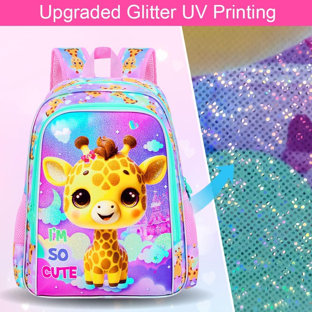 3PCS Girls Giraffe Bookbag, Water Resistant Kids Backpack Set with Lunch Box, Cute School Bag for