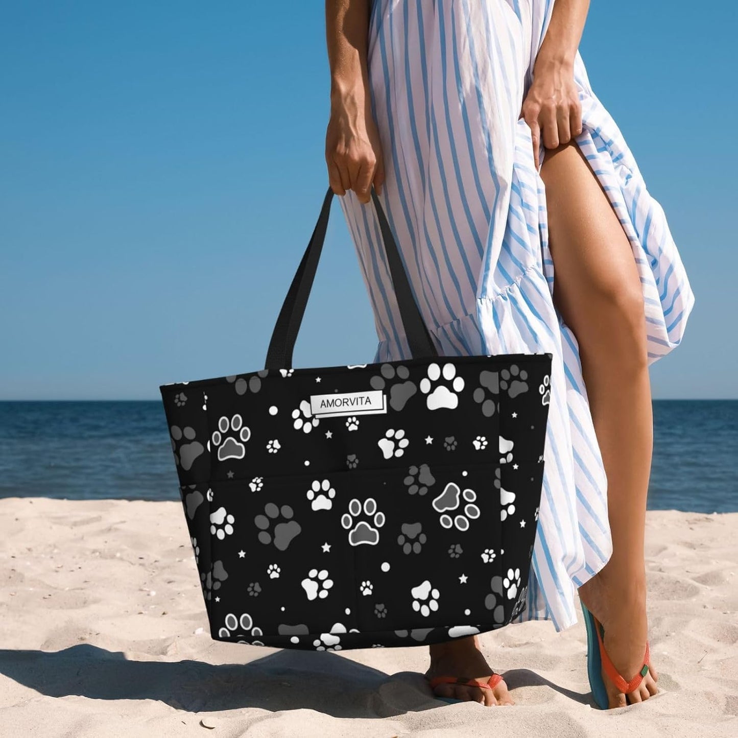 Large Travel Beach Tote Bag with Zipper Pockets Portable Lightweight Gym Bag Picnic Outdoor