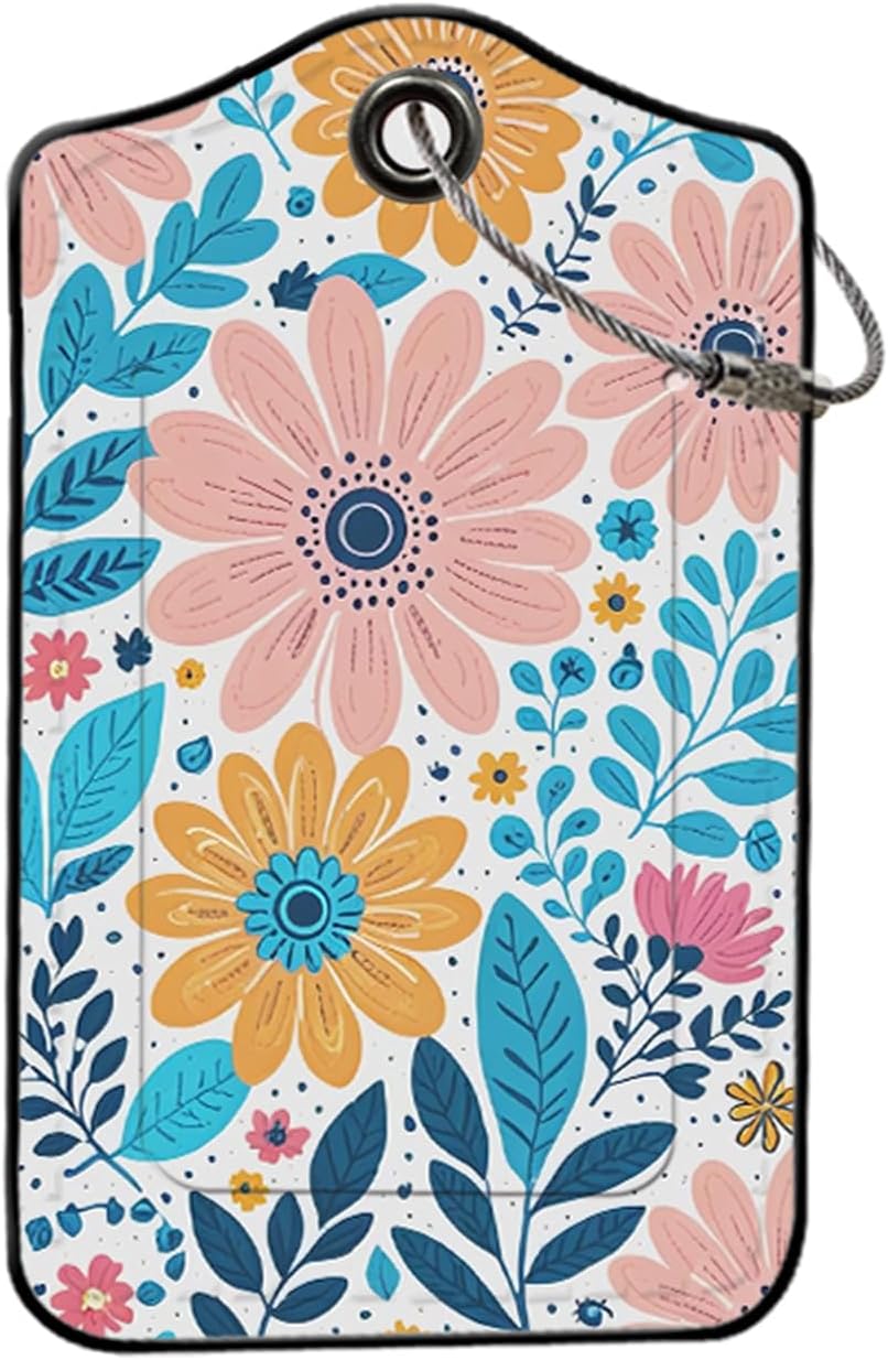 2 Pack Flowers Leather Luggage Tags for Suitcases, Travel Bag Tags with Privacy Cover ID Label with Stainless Steel Loop for Women Men Girls Backpack Gift (Pink Yellow)