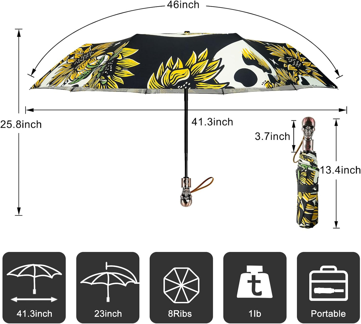 Lejorain Mens Black Skull Umbrella - Automatic Luxury Travel Windproof Umbrella Compact - Portable Strong Lightweight Rain Umbrella for Adults
