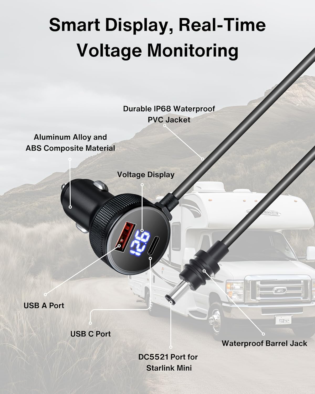Car Charger Cable for Starlink Mini 10FT/3M with Display - 60W DC + 33W Dual USB-C/USB-A Power Adapter for Trucks, RVs & Boats, 12-24V Aluminum 18AWG Cord with Real-Time Voltage Monitoring