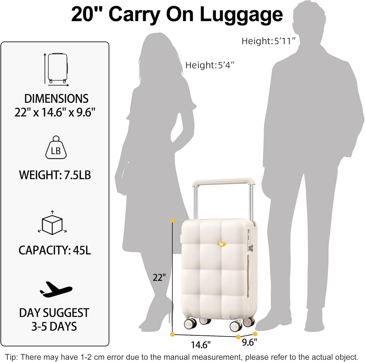 MGB Carry On Luggage Airline Approved 20'' Lightweight Luggage Wide Handle PC Hardshell Suitcases
