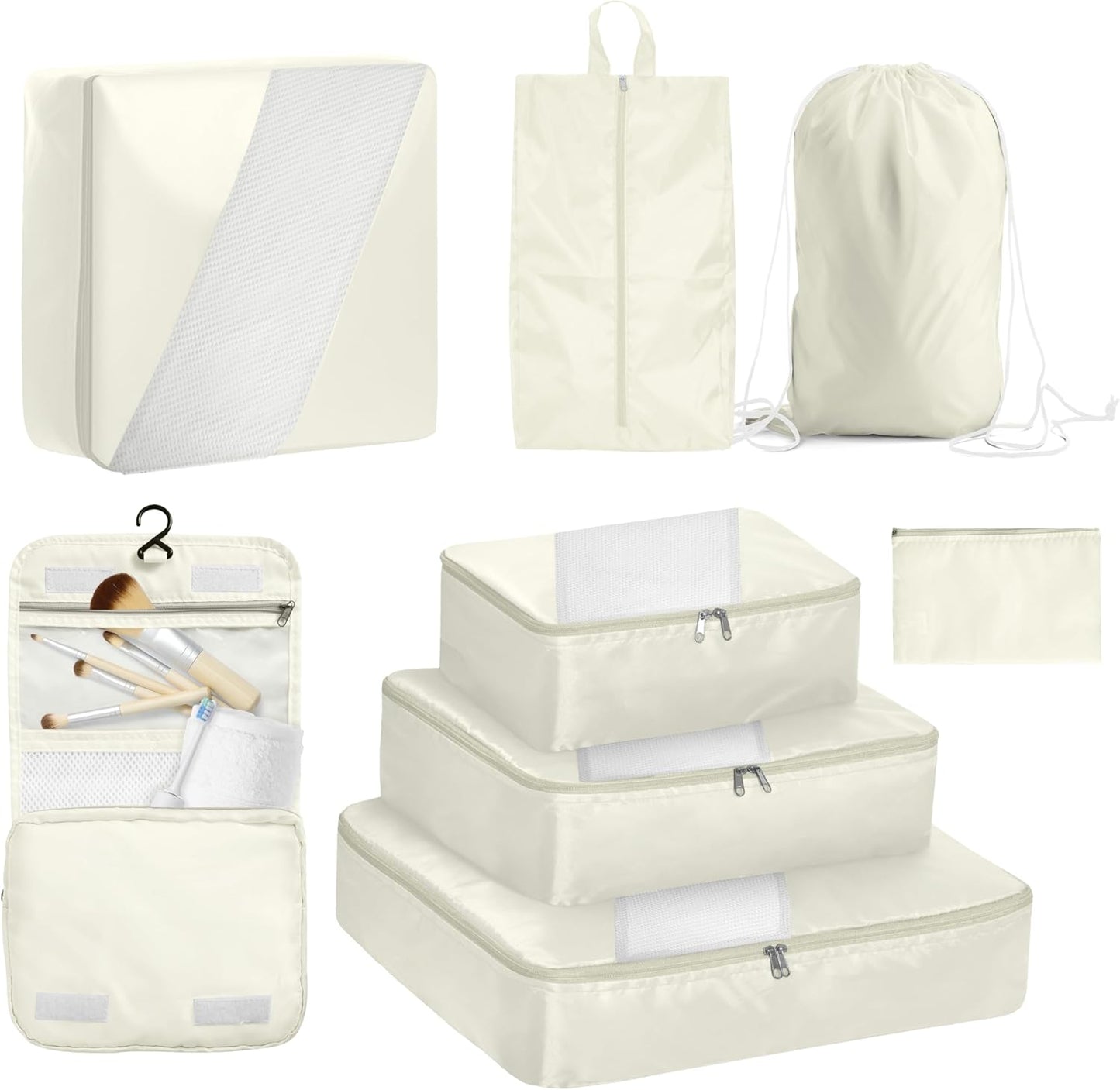 WVM Packing Cubes for Travel, 8-Piece Luggage Organizer Set with Shoe Bag, Toiletry Bag & Laundry Bag, Beige
