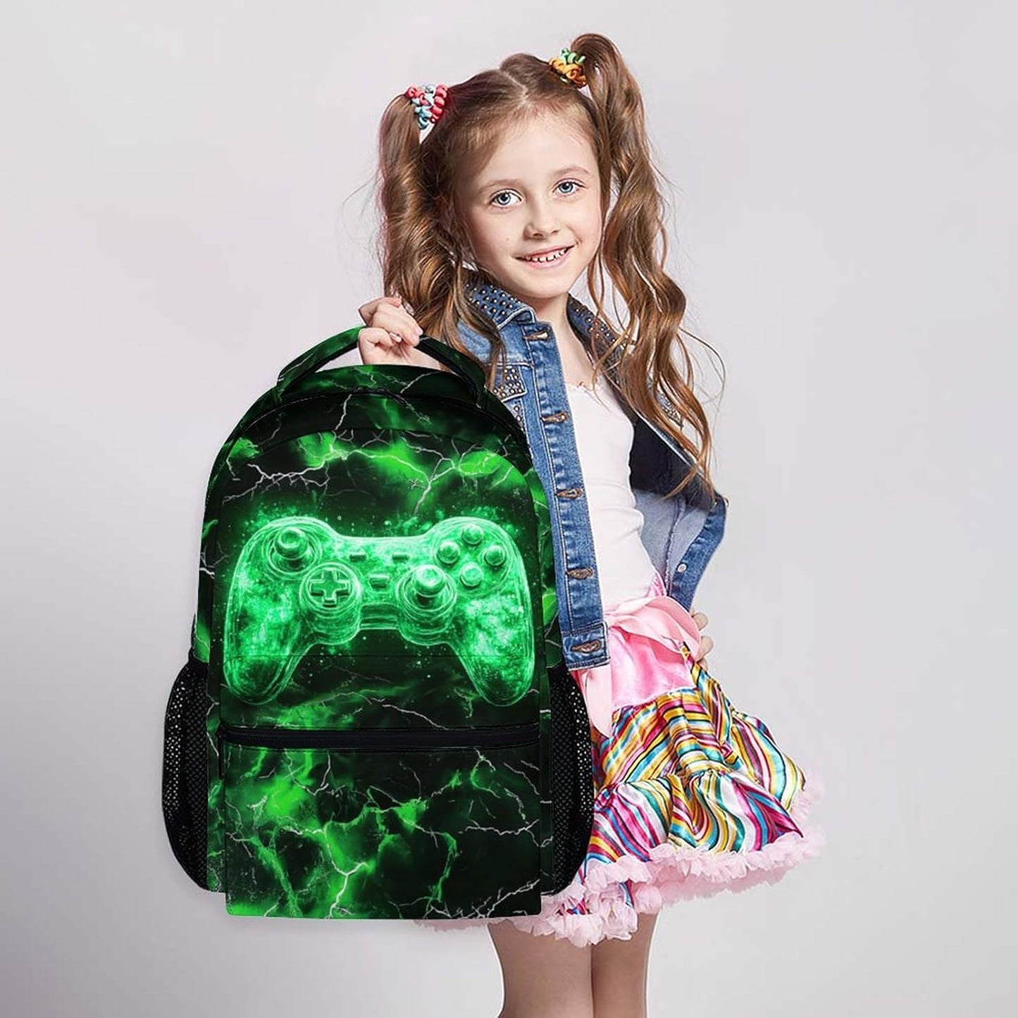 Kids Backpack, Cool Green Gamer Bookbag for Boys 6-8, Boys Gift for Birthday, 17 Inch Leisure Backpack for School Preschool Elementary Kindergarten