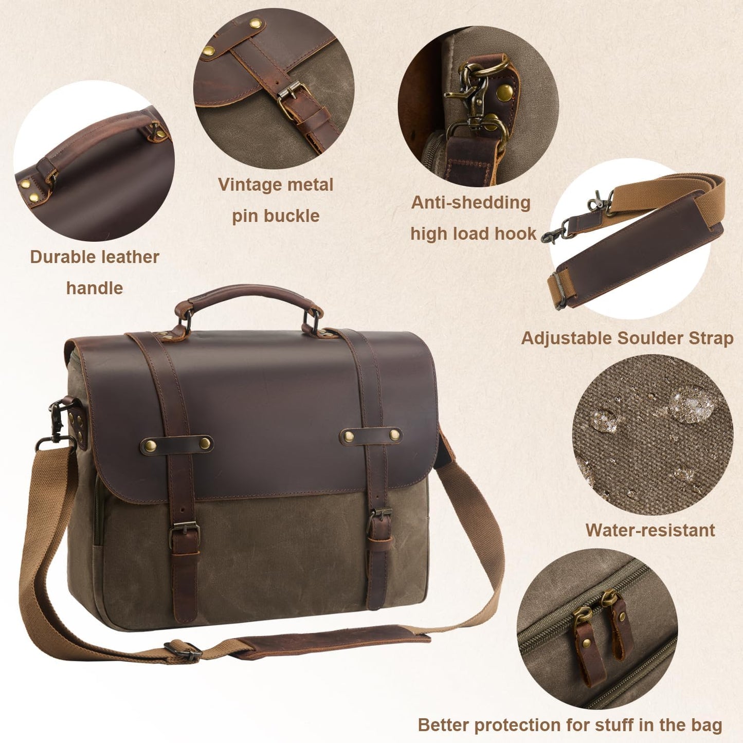 Mens Messenger Bag Waxed Canvas Laptop Briefcase 16“ Vintage Genuine Leather Crossbody Bags Waterproof Satchel Shoulder Bag