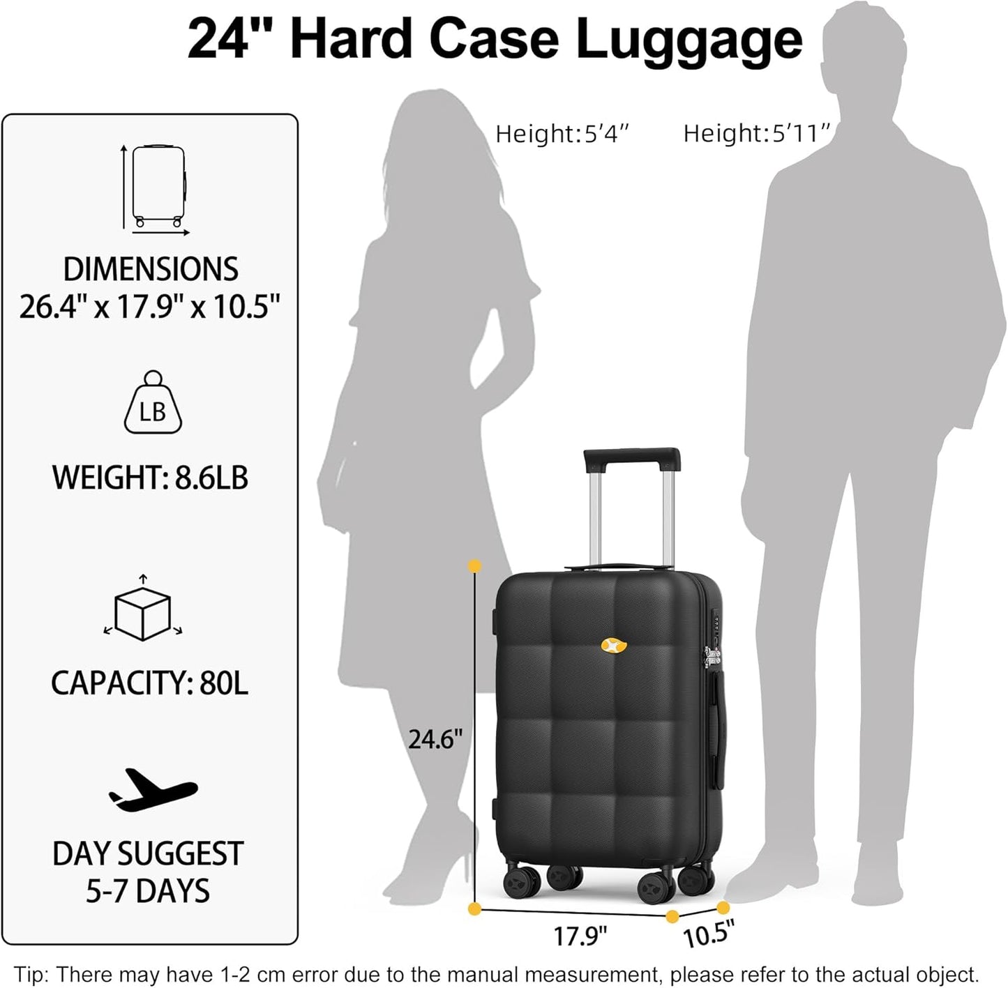 MGB 24 inch Luggage with Spinner Wheels, Travel Suitcase with Wheels, Checked Luggage, Lightweight Diamond Textured TSA Approved Medium Hardside Large Luggages, Charcoal Grey