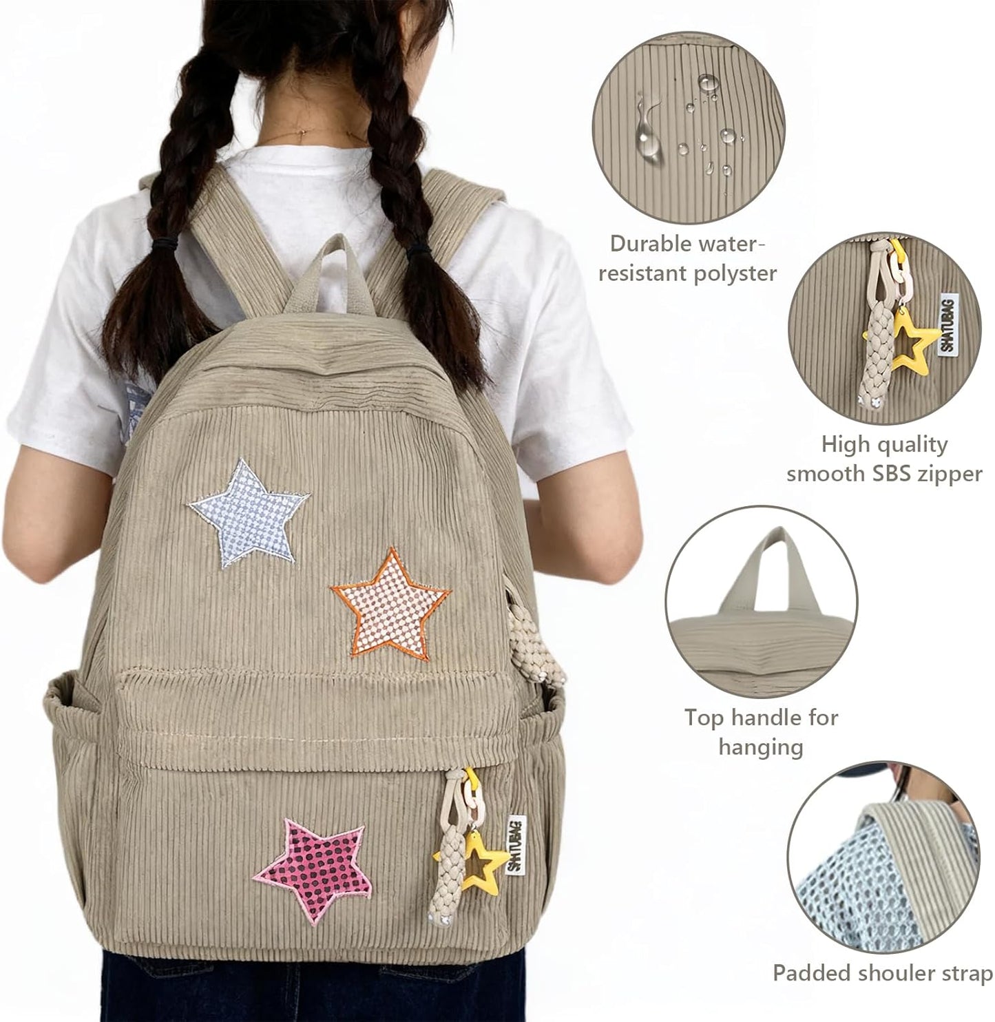 Corduroy Backpack with Star Pattern, Trendy and Versatile, Fits 14'' Laptop Large Capacity Daily Commute (Khaki)