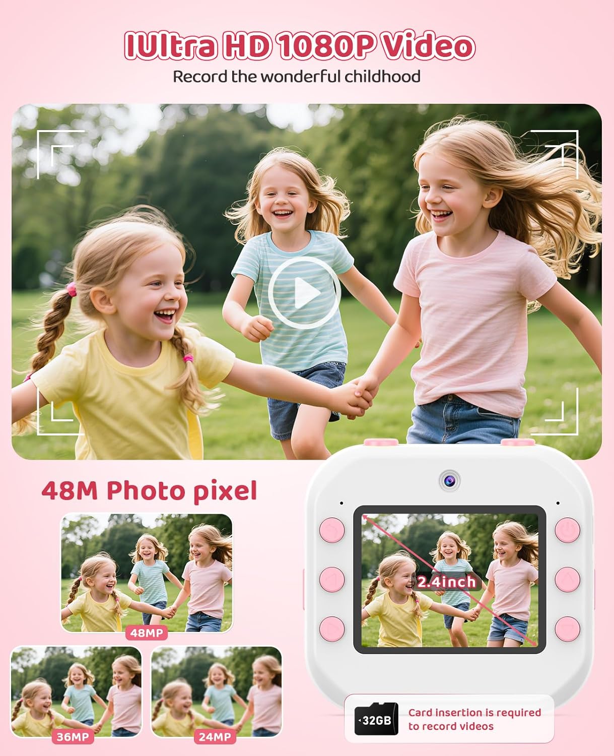 Instant Print Front Rear Dual Selfie Kids Camera for Kids Christmas Birthday Gifts for Girls Age