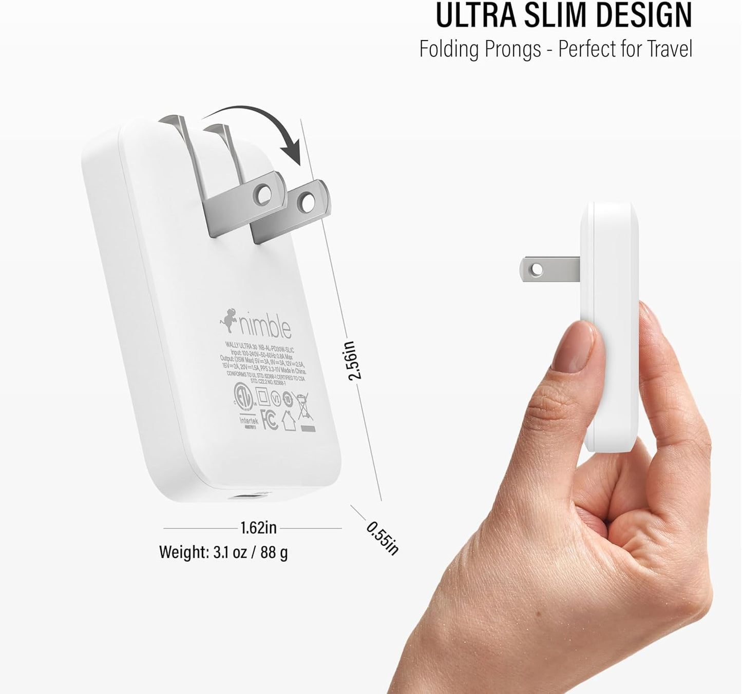 Nimble Wally Ultra Flat USB C Charger, 30W Slim Wall Charger Travel Ready Fast Charging Block, Foldable Power Adapter for Macbook iPhone 17/16/15/14/13 Pro Max, Samsung Galaxy Pixel Tablet Airpod iPad