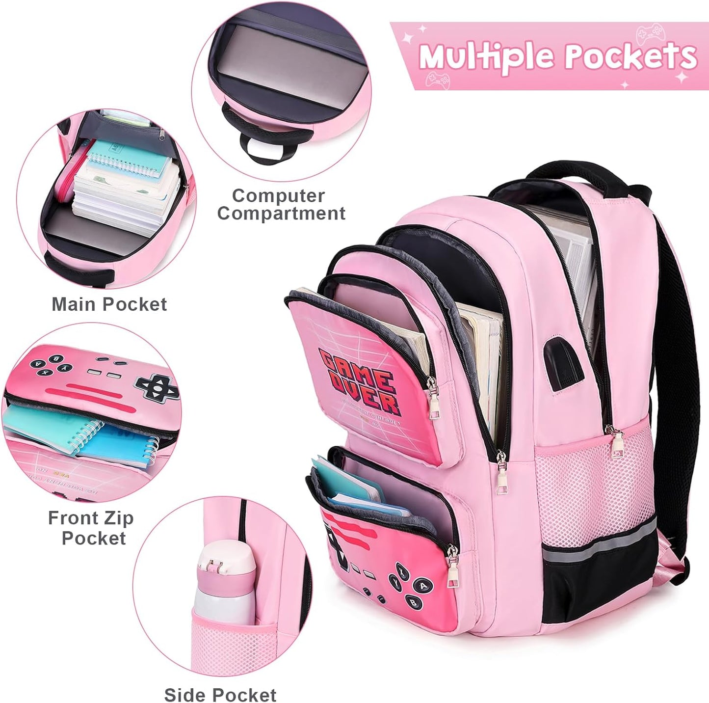 Gamer Backpack for Girls - Cool Luminous School Backpacks for Girl with Lunch Bag Pencil Case - Kids Girls Backpack Elementary Middle School Book Bags for Teen with USB Charging Port (Pink