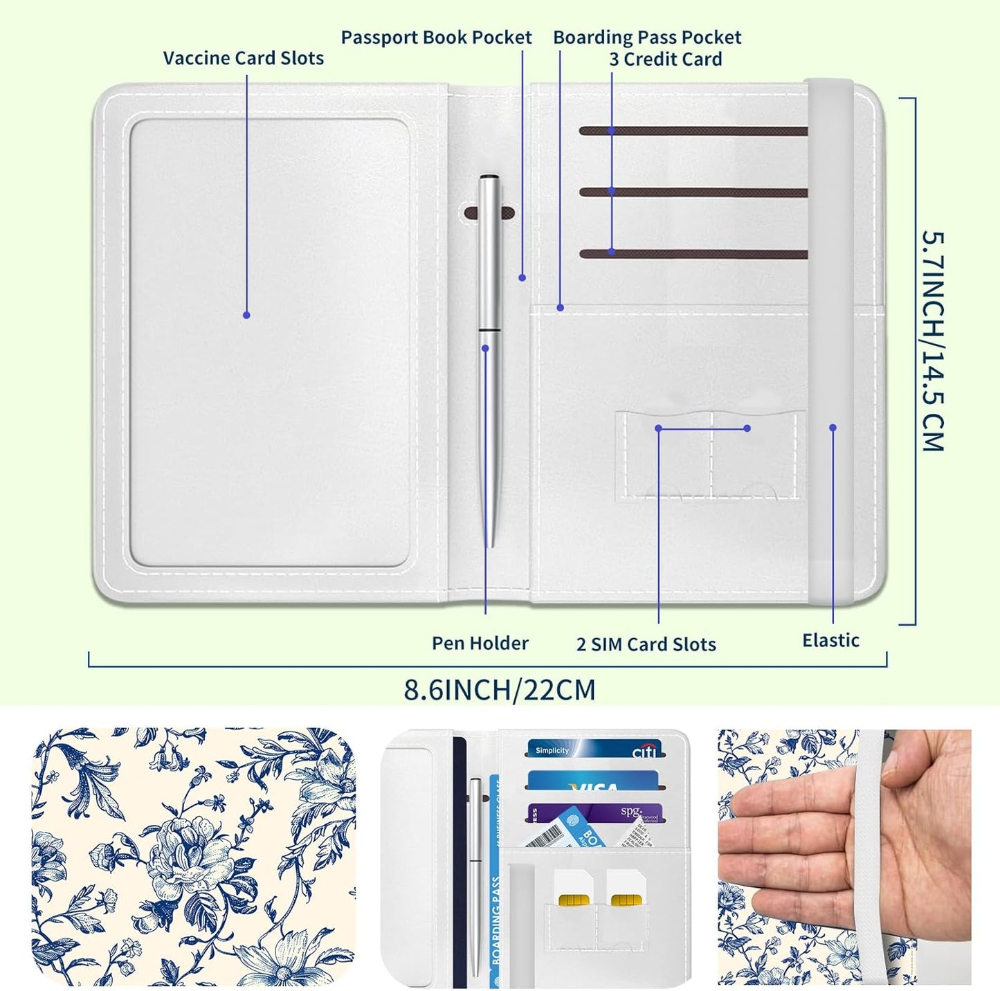 Passport Holder for Travel Essentials, Leather RFID Blocking Passport Wallet Cover Case, Cute Passport Book Holders for Women and Men Blue Boho Flowers