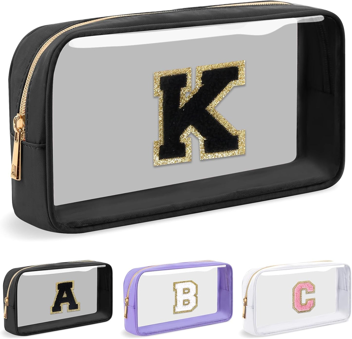 Personalized Initial Letter Clear Makeup Bag,Preppy Small Nylon&PVC Cosmetic Zipper Bag with Chenille Letter,Travel Skincare Toiletry Bag,Monogram Christmas Gift for Teen Girls Women,K