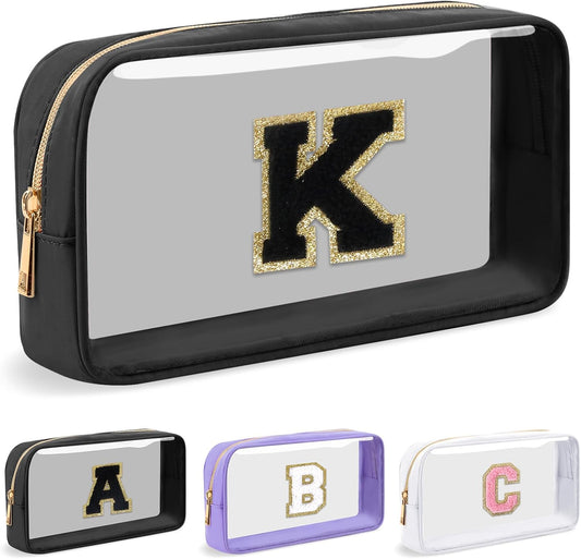 Personalized Initial Letter Clear Makeup Bag,Preppy Small Nylon&PVC Cosmetic Zipper Bag with Chenille Letter,Travel Skincare Toiletry Bag,Monogram Christmas Gift for Teen Girls Women,K