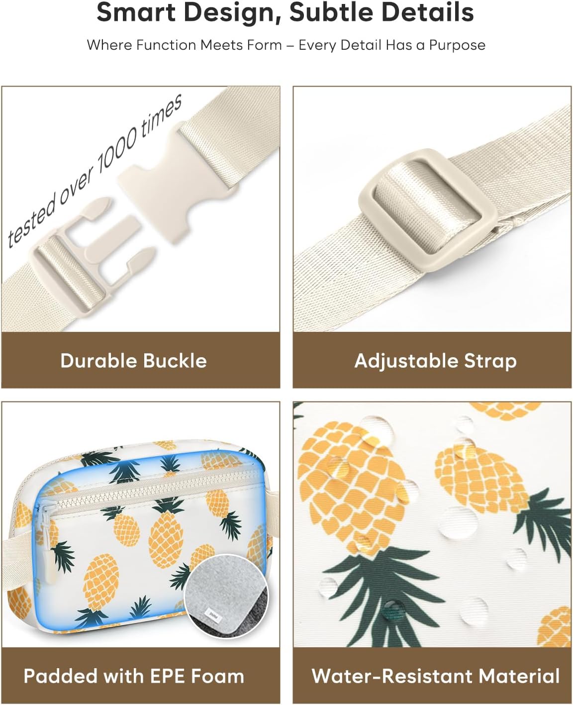 Fanny Packs for Women Cross Body Bag Waterproof Belt Bag with Adjustable Strap and Zipper Back Pocket Small Crossbody Bags Fashion Waist Packs for Workout Travelling(Pineapple)