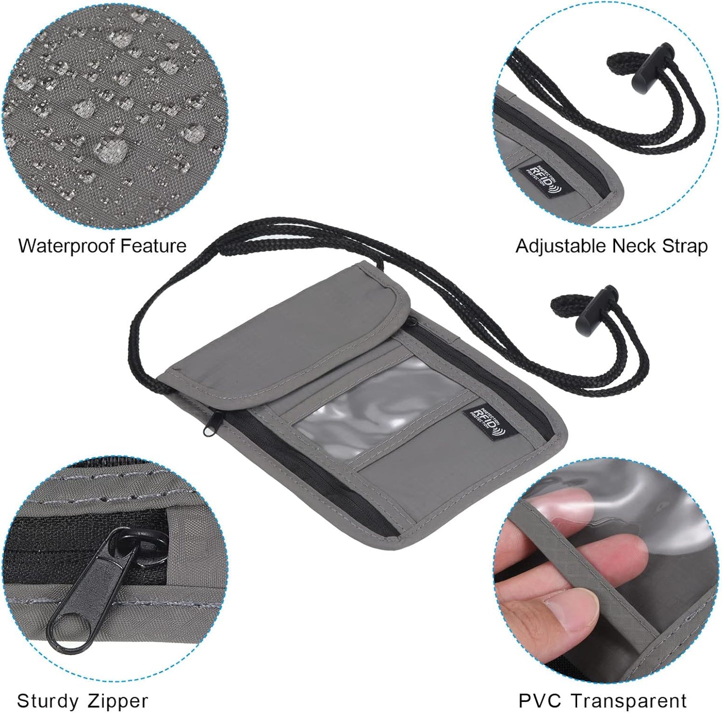 PATIKIL Neck Wallet, Passport Holder RFID Waterproof Travel Wallet Neck Pouch with Adjustable Strap for Women & Men, Gray