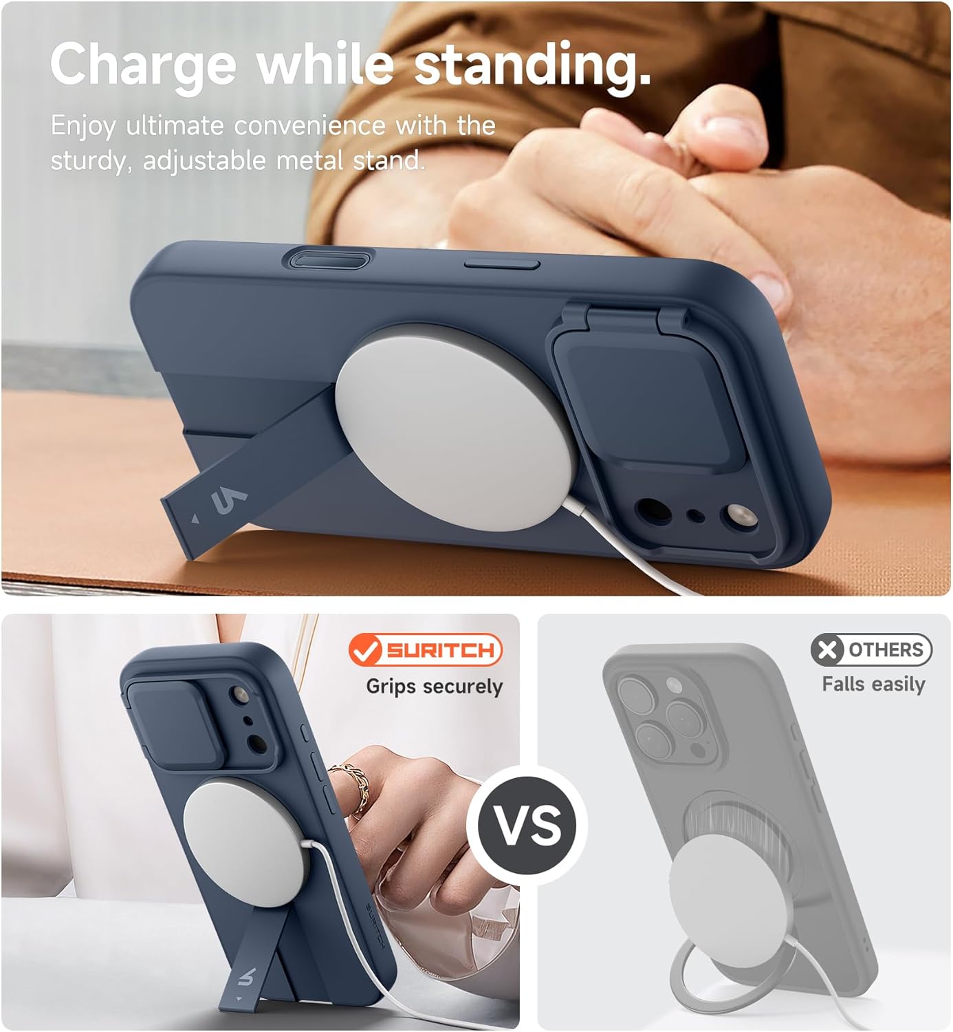 SURITCH for iPhone 17 Pro Max Case with Camera Control Cover, Camera Cover and Adjustable Kickstand, Compatible with MagSafe, Shockproof Bumper Protective Cases 6.9 Inch, Blue