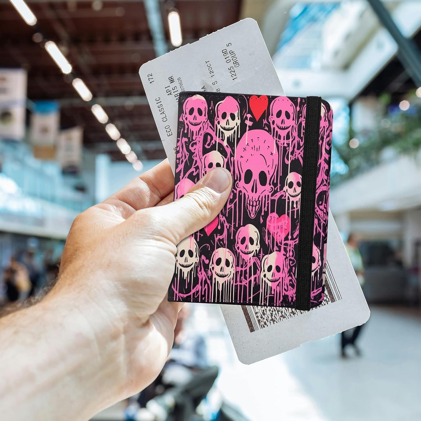 Cute Passport Holder and Holder Combo Passport Cover with Compatible Wallet Credit Card Protector RFID Blocking Women Men (Pink Skull Skeleton)