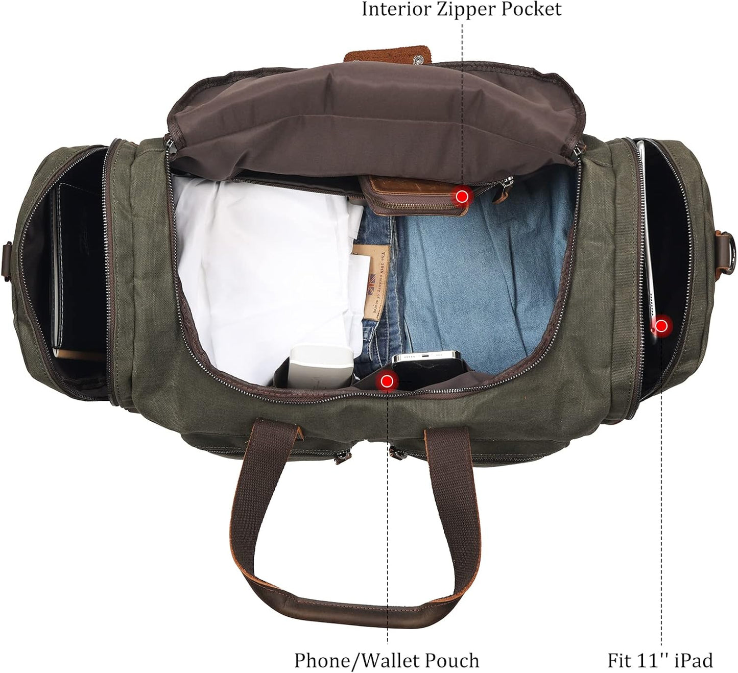 Polare 23” Waxed Canvas Cowhide Leather Waterproof Travel Duffel Bag Trim Luggage Weekender Overnight Carry on Hand Bag