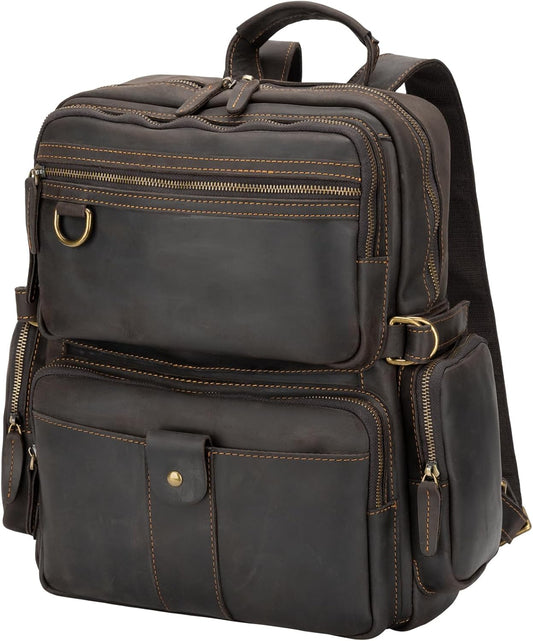 Leather Backpack for Men 15.6" Laptop Backpack 100% Madagascar top-Grain Leather Backpack Dark Brown Large Size