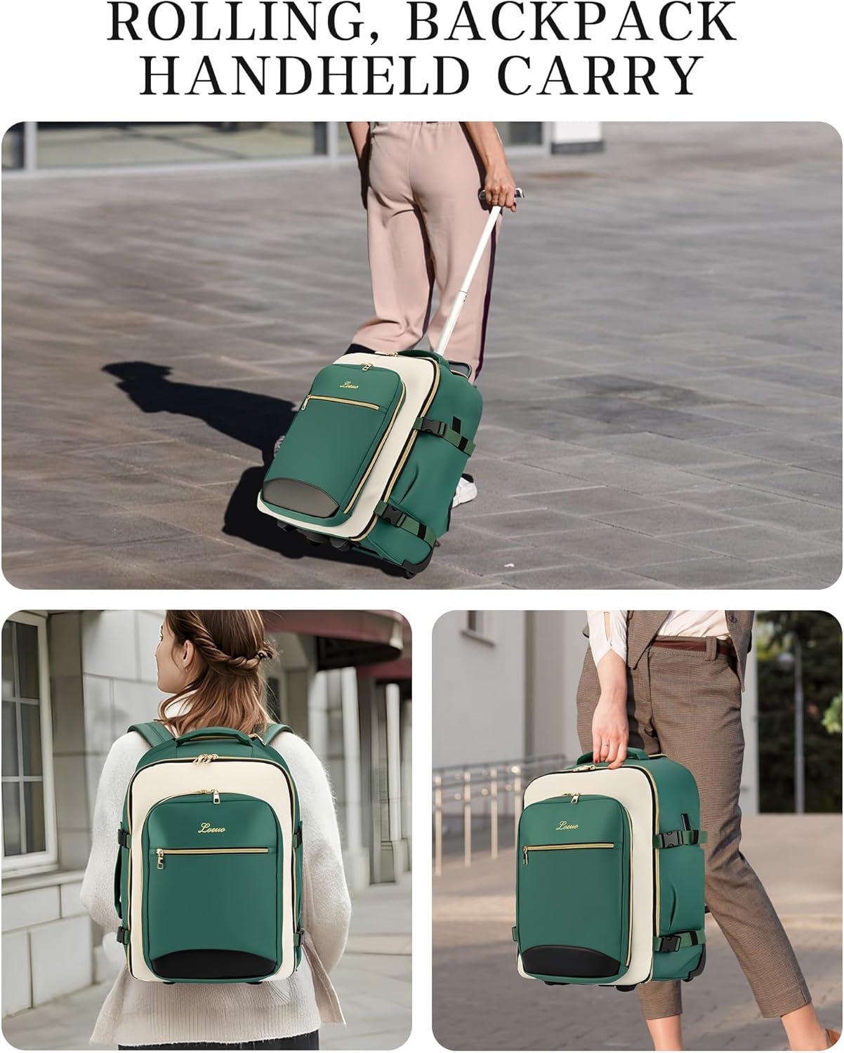 Carry On Backpack with Wheels for Adults, Airline Approved Rolling Backpack for Women, Foldable Bottom Travel Laptop Backpack (Deep Green)